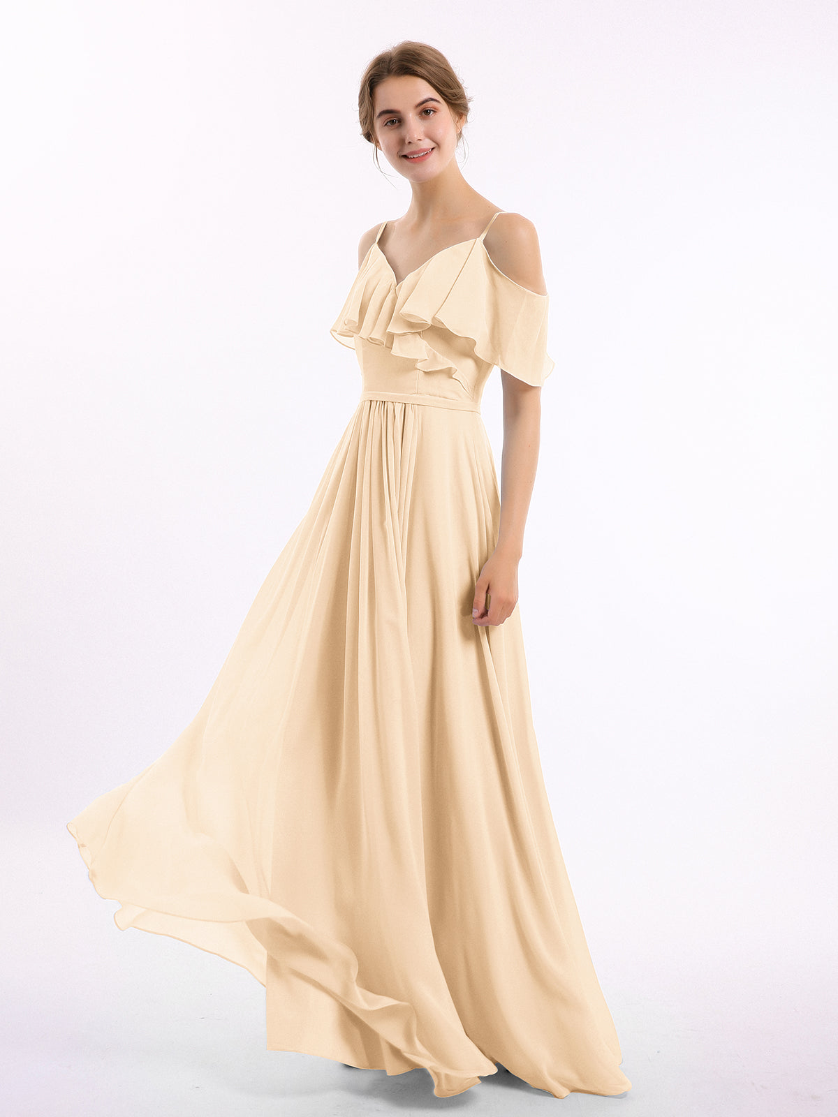 Peach Valentina Chiffon Off-Shoulder Dress