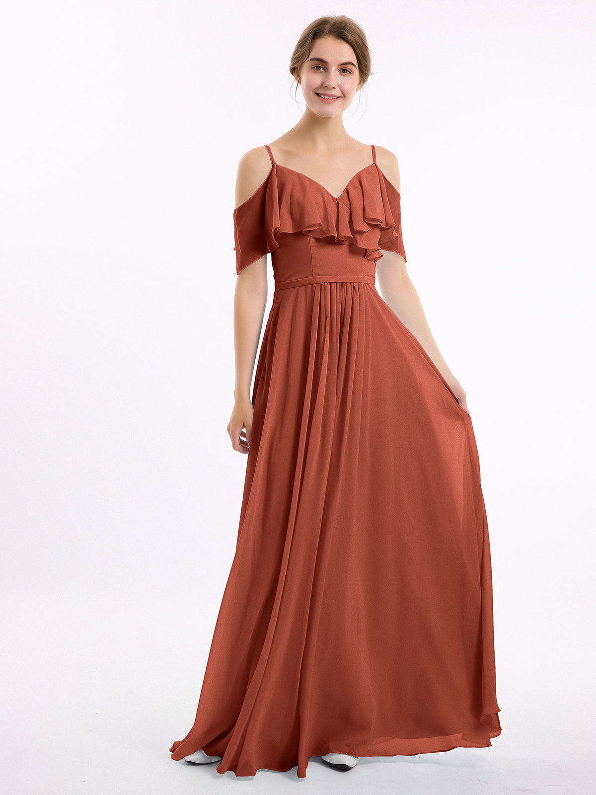 Rust Valentina Chiffon Off-Shoulder Dress