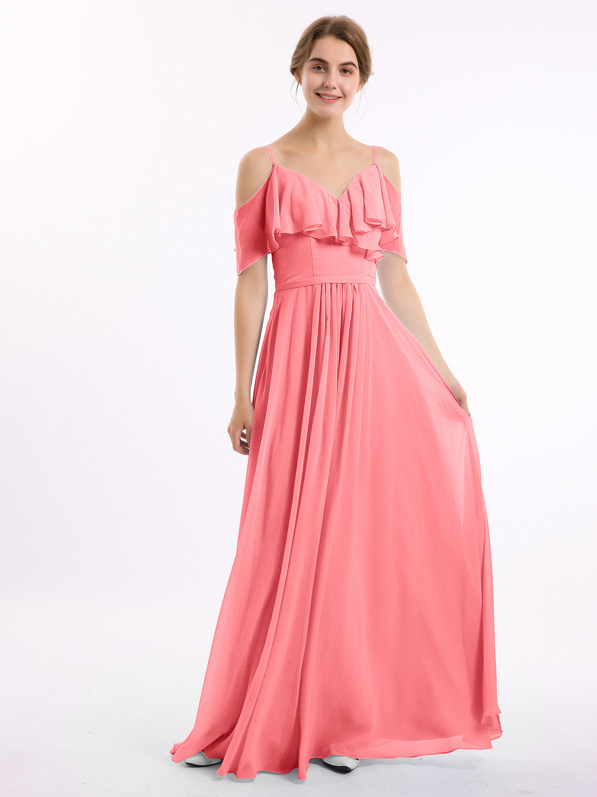 Watermelon Valentina Chiffon Off-Shoulder Dress