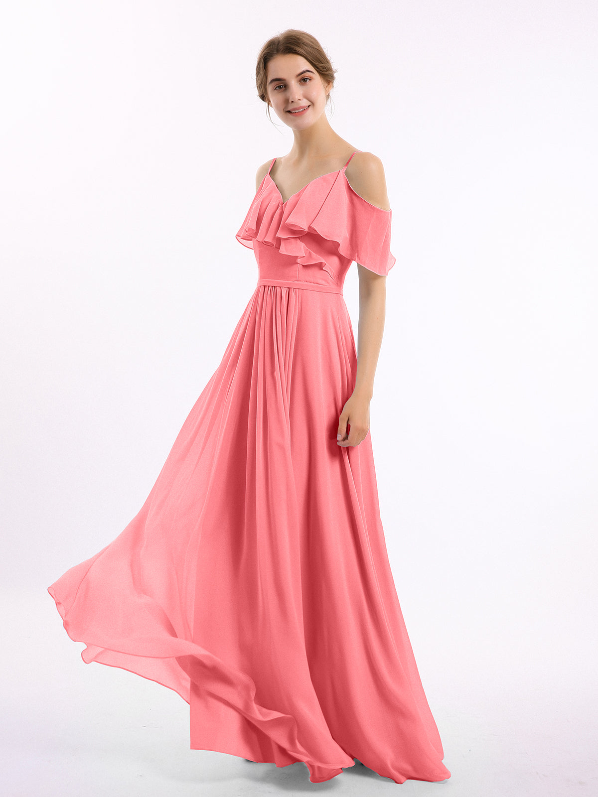 Watermelon Valentina Chiffon Off-Shoulder Dress