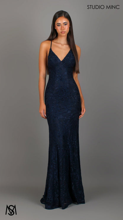 Navy Blue formal dress | lace V neckline fitted mermaid lace up Jasmine Lace Mermaid Dress