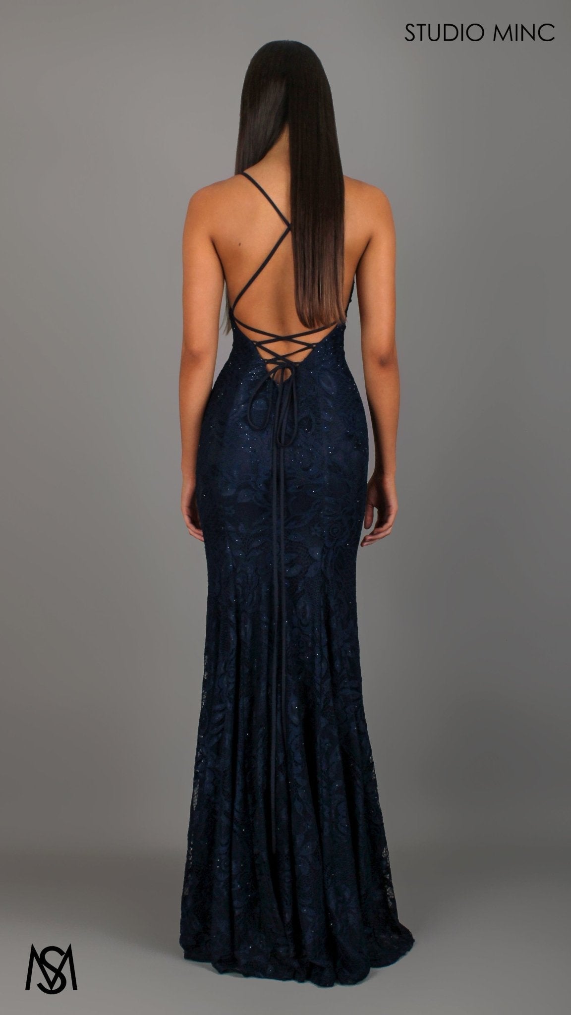 Navy Blue formal dress | lace V neckline fitted mermaid lace up Jasmine Lace Mermaid Dress