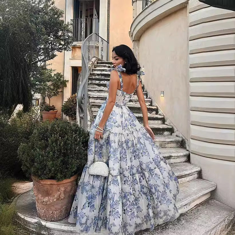 Blue Margot Floral Chiffon Ball Gown
