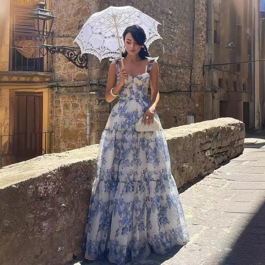 Blue Margot Floral Chiffon Ball Gown