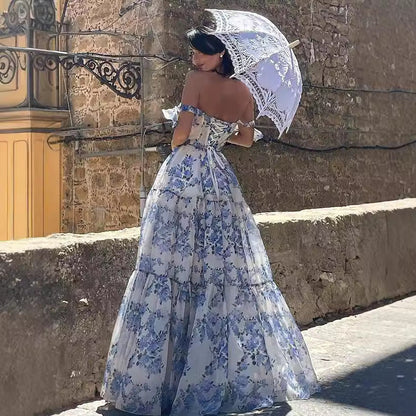 Blue Margot Floral Chiffon Ball Gown