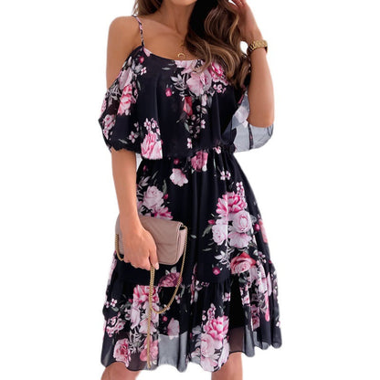 Yellow pattern on white Vivienne Off-Shoulder Chiffon Dress
