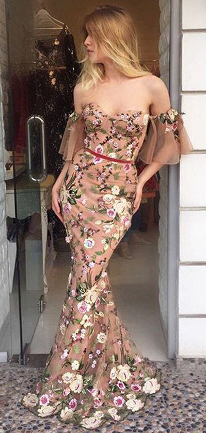 Custom Color(leaving a note) Off Shoulder Nude Embroidery Floral Mermaid Prom Dresses,PD00170 - US18 / Custom Color(leaving a note)