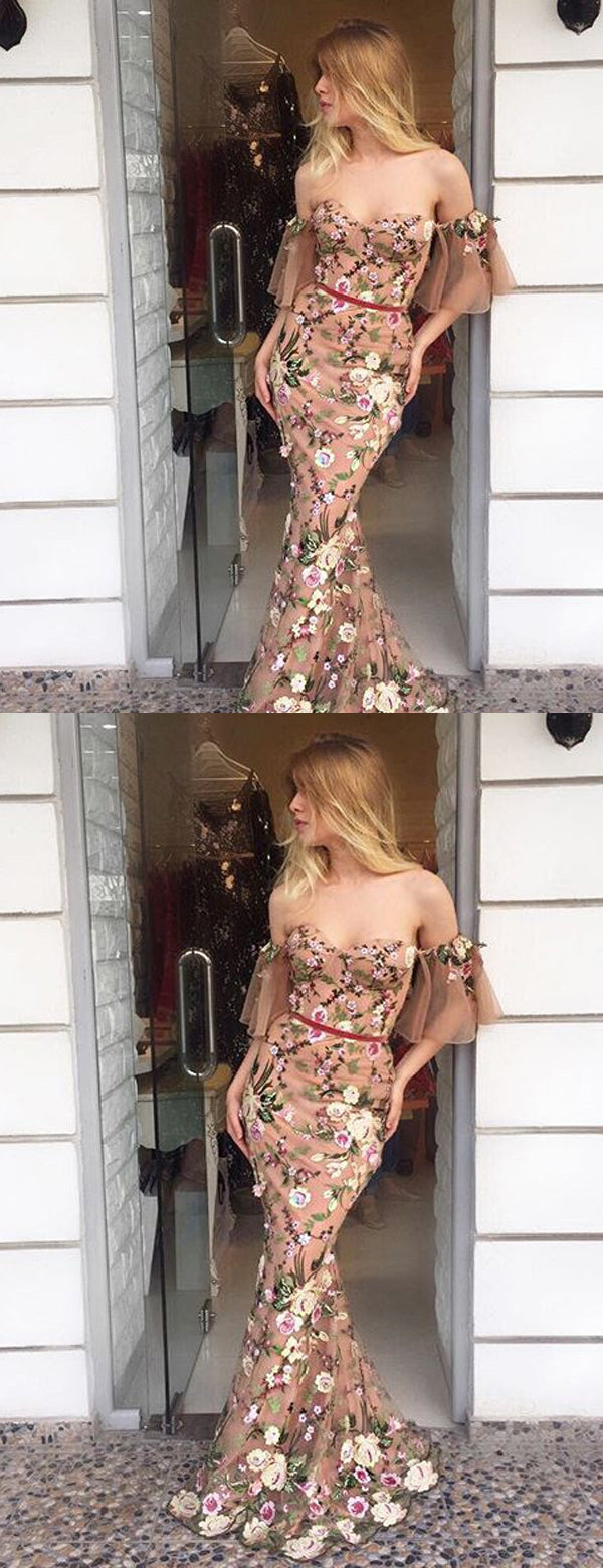 Picture Color Off Shoulder Nude Embroidery Floral Mermaid Prom Dresses,PD00170 - US18 / Custom Color(leaving a note)