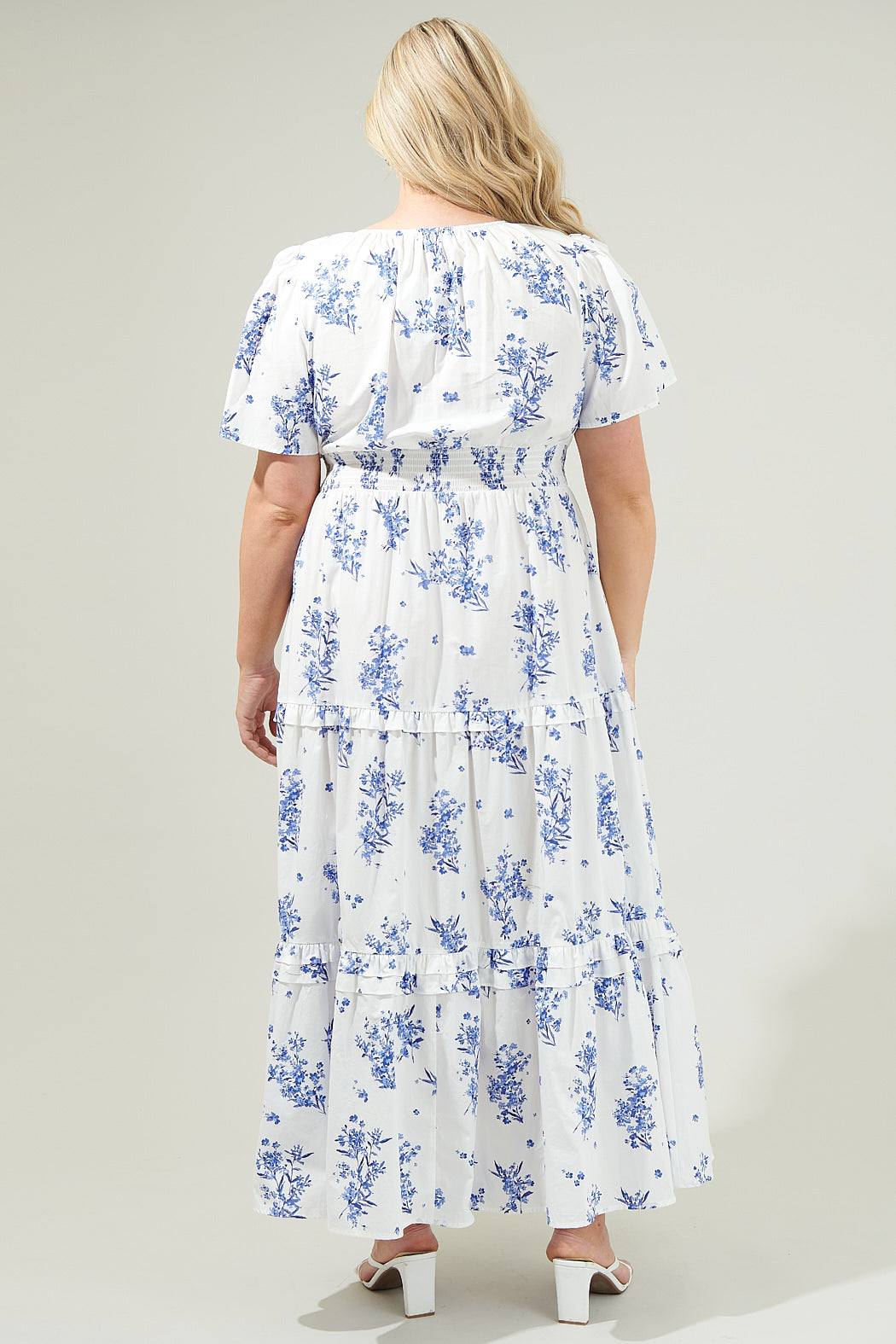 CREAM-BLUE Bestia Floral Poplin Tiered Maxi Dress
