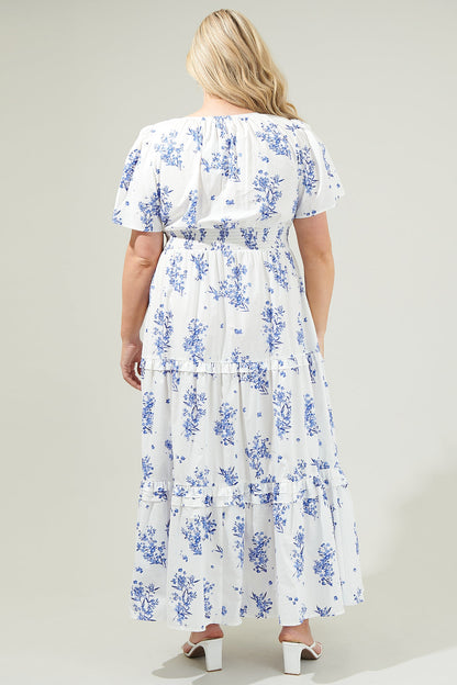 CREAM-BLUE Bestia Floral Poplin Tiered Maxi Dress