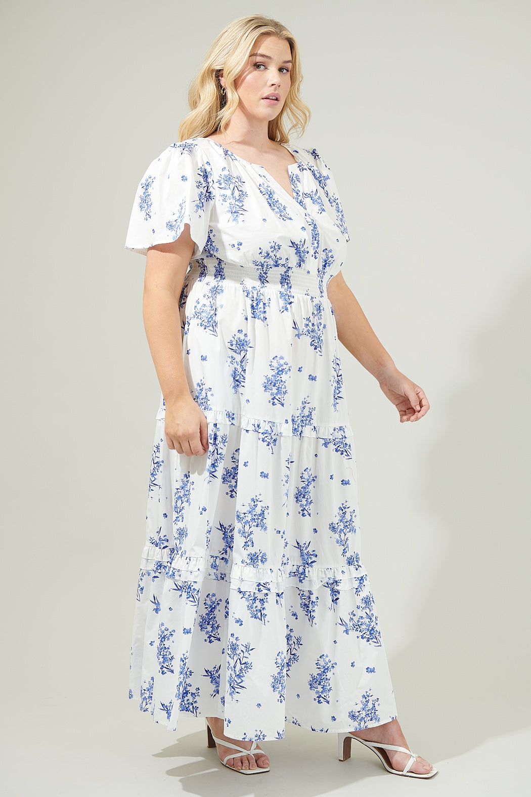 CREAM-BLUE Bestia Floral Poplin Tiered Maxi Dress