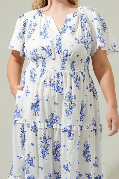 CREAM-BLUE Bestia Floral Poplin Tiered Maxi Dress