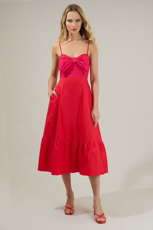 RED-FUCHSIA Perline Color-Block Bow Midi Dress