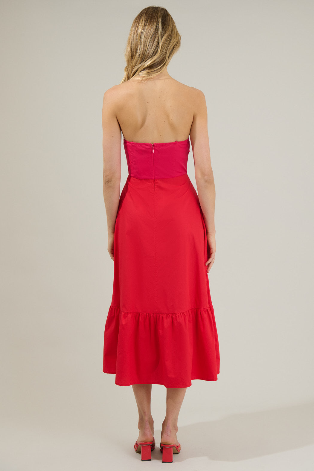 WHITE-TAUPE Perline Color-Block Bow Midi Dress
