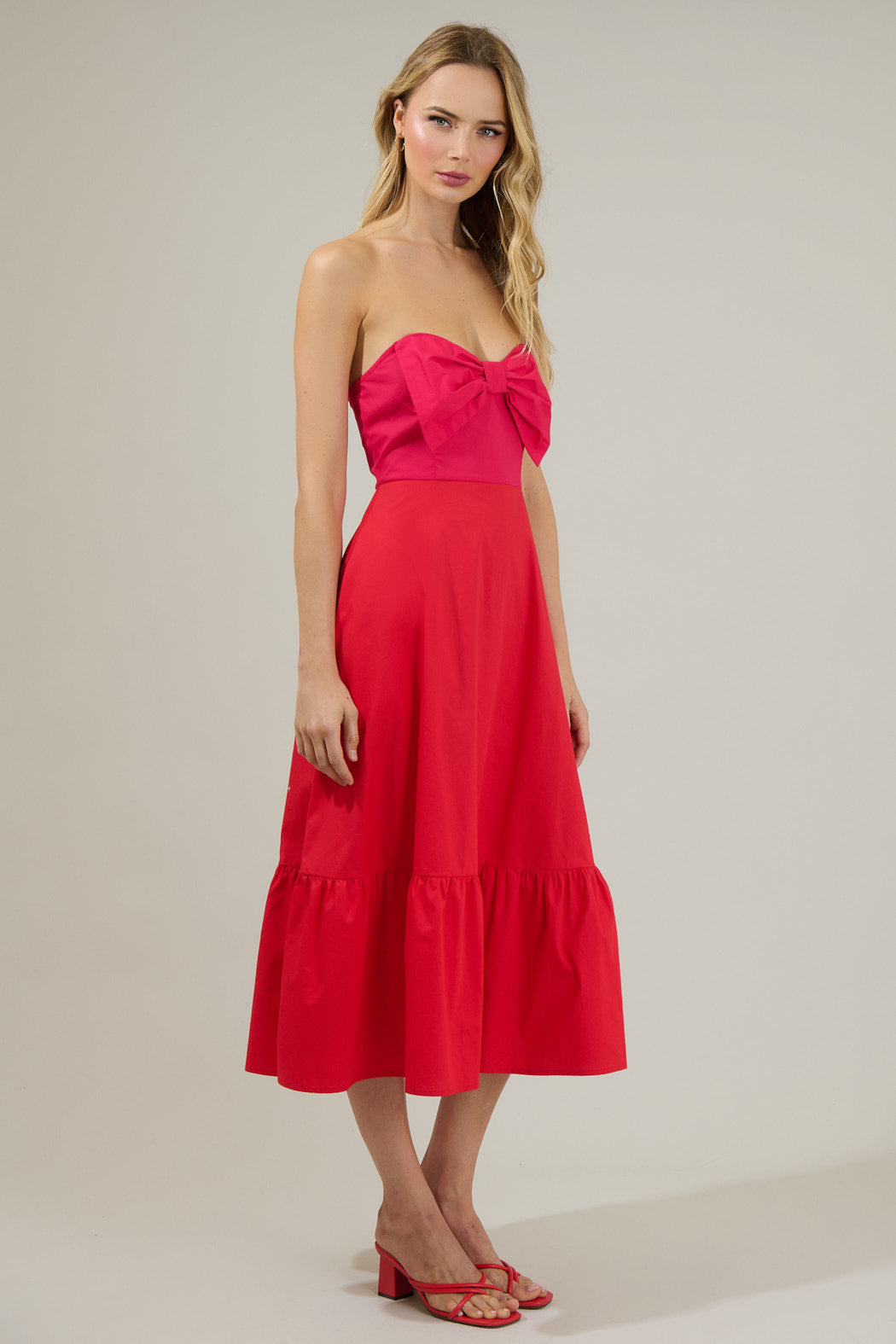 WHITE-TAUPE Perline Color-Block Bow Midi Dress