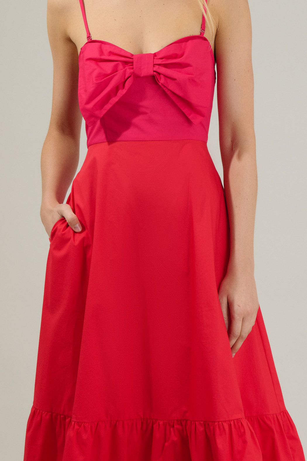 WHITE-TAUPE Perline Color-Block Bow Midi Dress