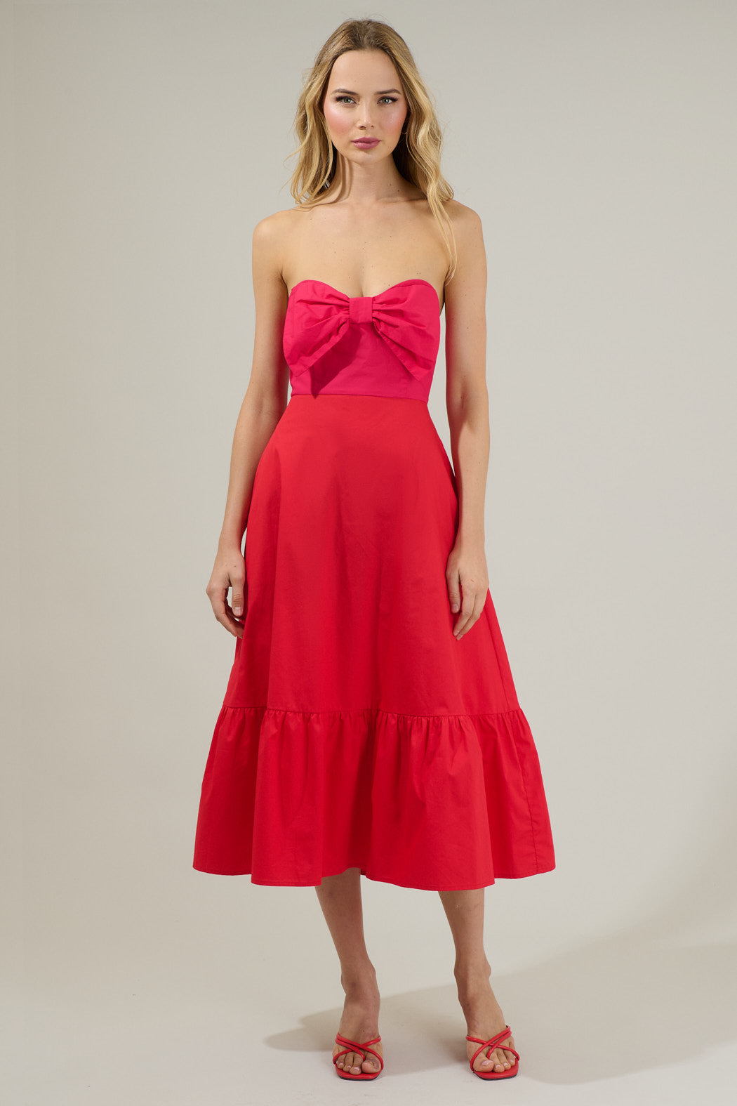 RED-FUCHSIA Perline Color-Block Bow Midi Dress
