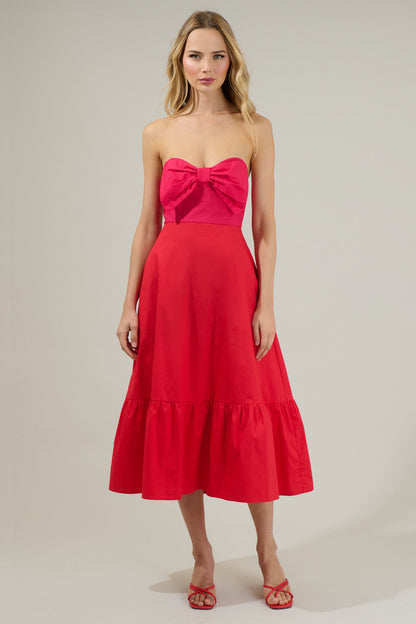 WHITE-TAUPE Perline Color-Block Bow Midi Dress