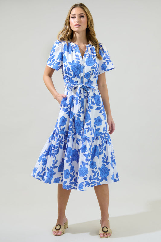 WHITE-BLUE-MULTI Cora Floral Button-Up Midi Dress