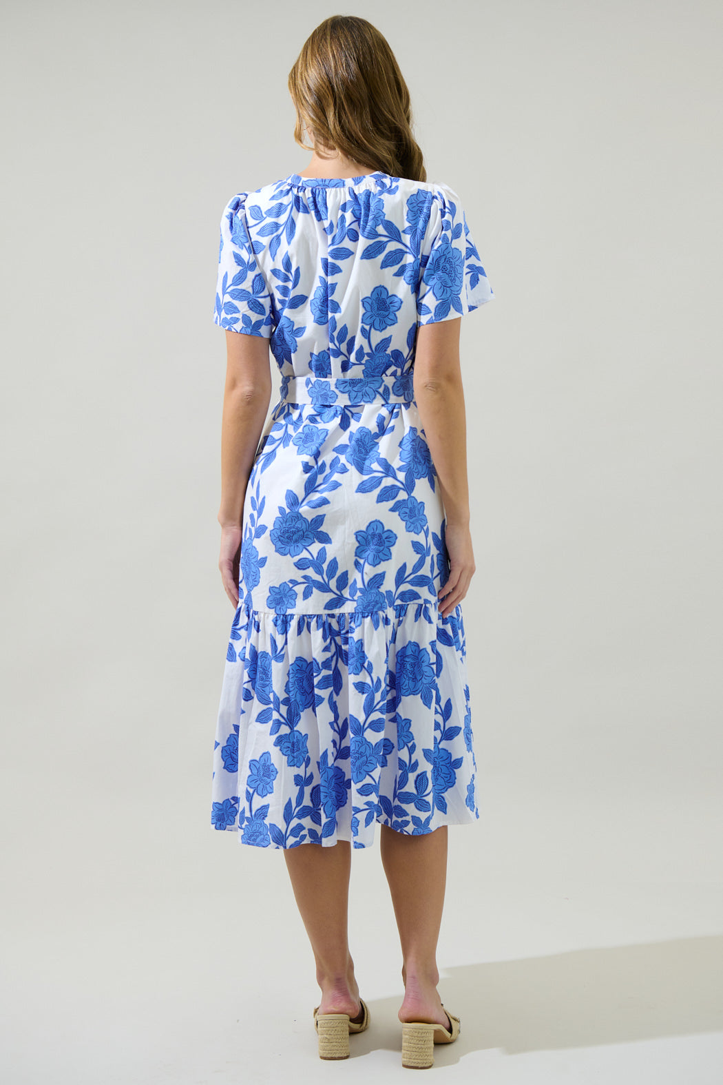 WHITE-BLUE-MULTI Cora Floral Button-Up Midi Dress