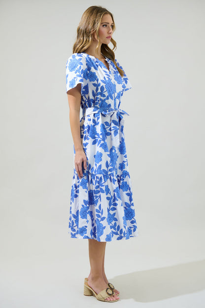 WHITE-BLUE-MULTI Cora Floral Button-Up Midi Dress