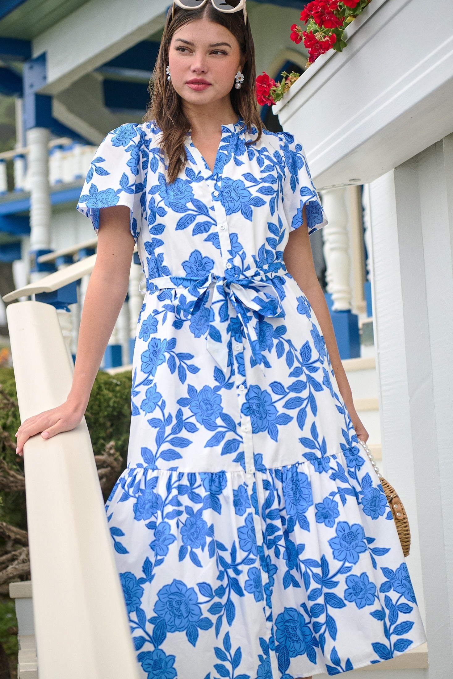WHITE-BLUE-MULTI Cora Floral Button-Up Midi Dress