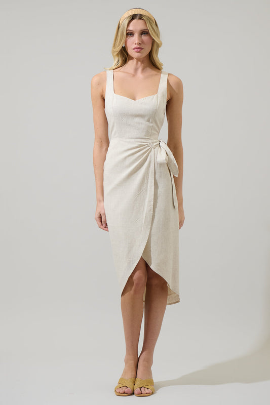 NATURAL Beli Linen Wrap Midi Dress