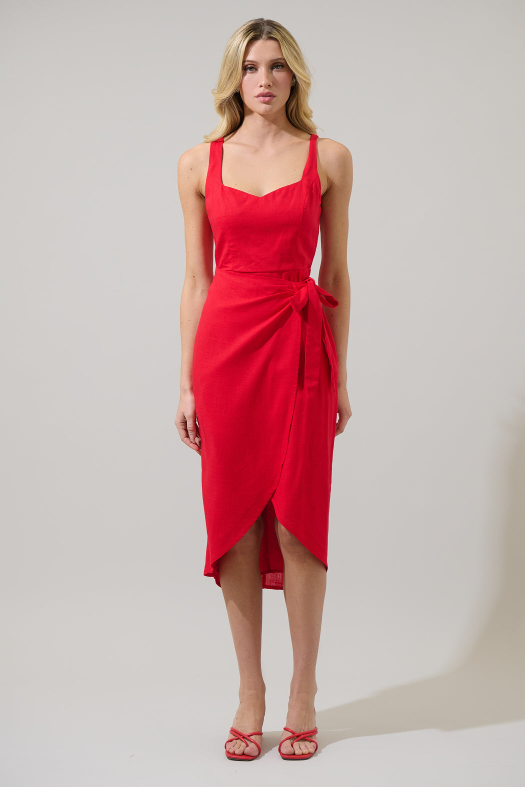 RED Beli Linen Wrap Midi Dress