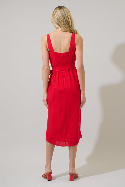 RED Beli Linen Wrap Midi Dress