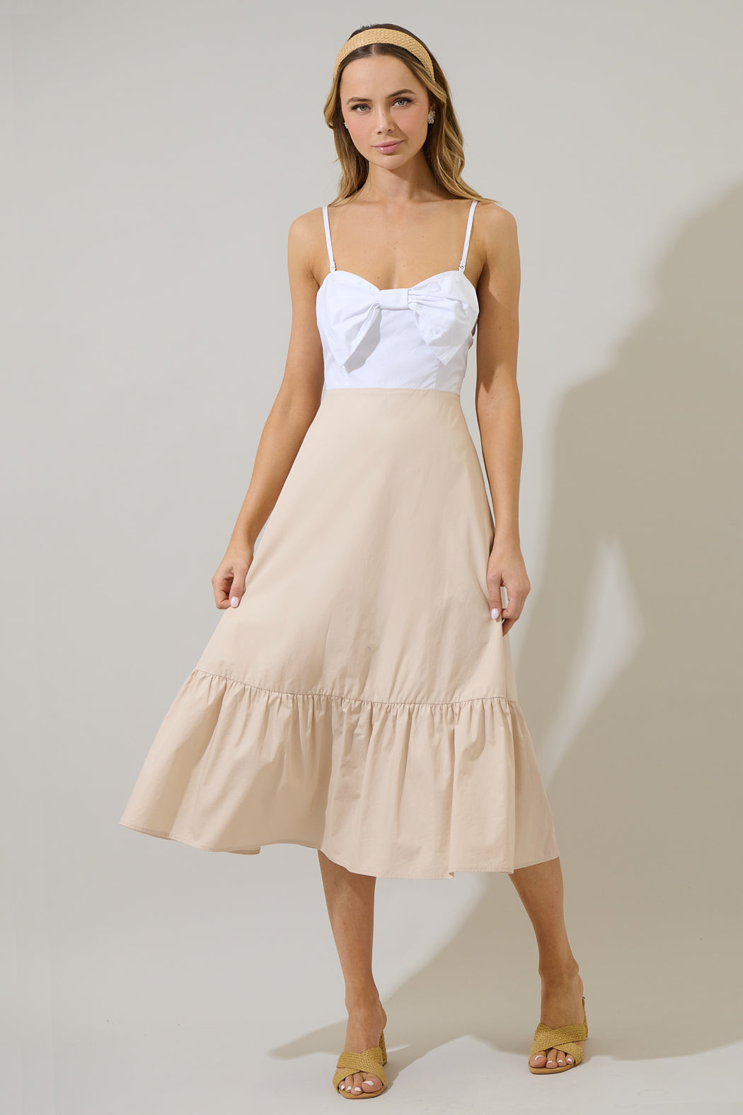 RED-FUCHSIA Perline Color-Block Bow Midi Dress