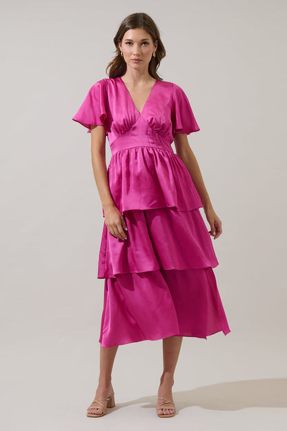 BLACK Mendice Satin Tiered Midi Dress