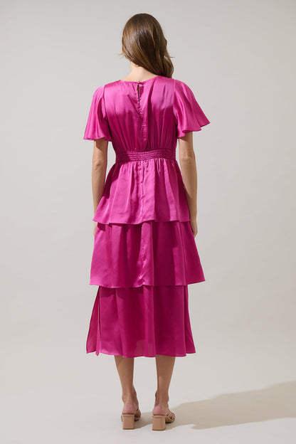 MAGENTA Mendice Satin Tiered Midi Dress