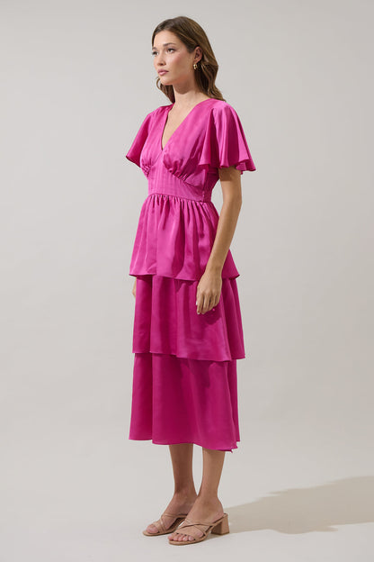 BLACK Mendice Satin Tiered Midi Dress