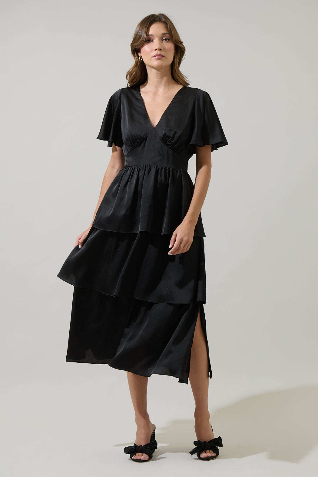 MAGENTA Mendice Satin Tiered Midi Dress