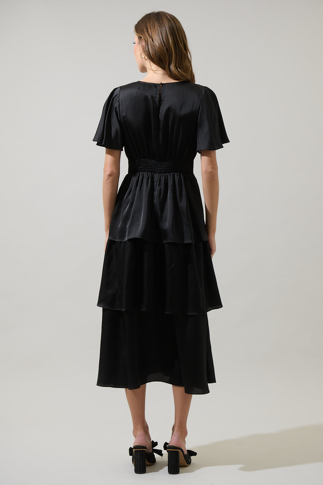 BLACK Mendice Satin Tiered Midi Dress