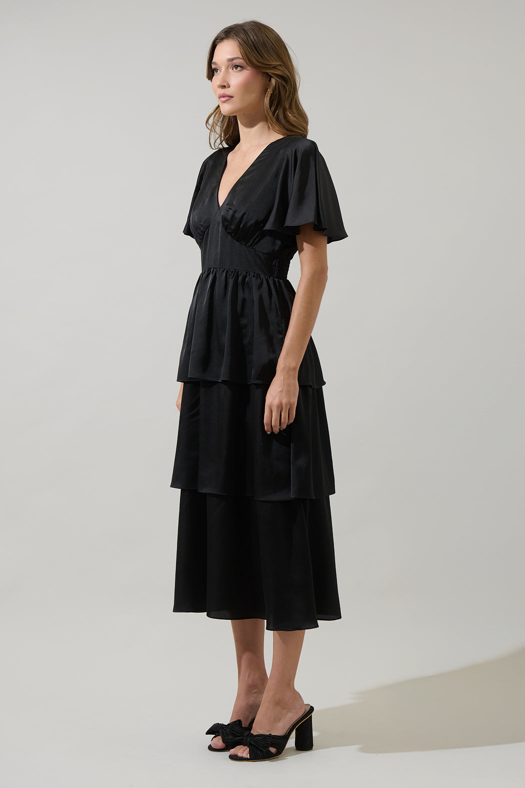 BLACK Mendice Satin Tiered Midi Dress