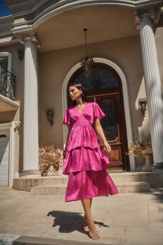BLACK Mendice Satin Tiered Midi Dress