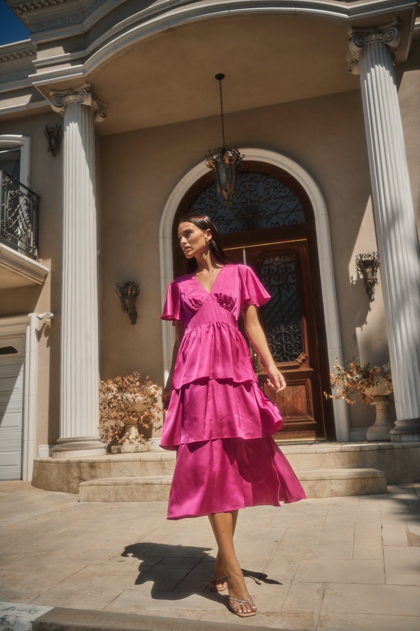 MAGENTA Mendice Satin Tiered Midi Dress
