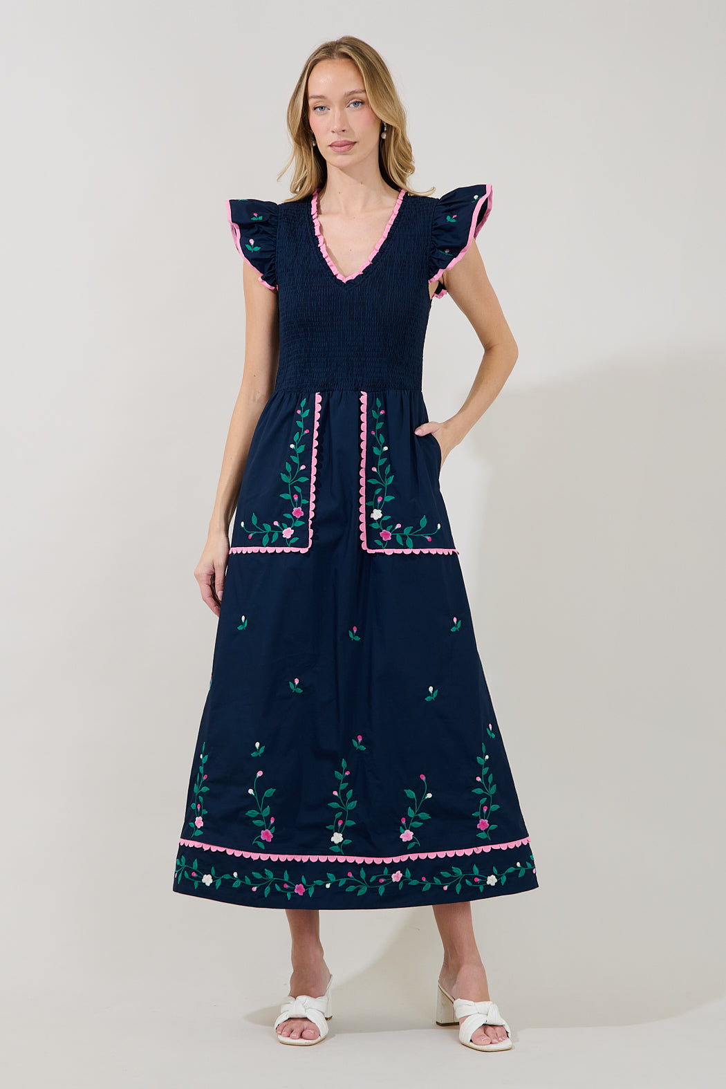 NAVY-MULTI Sunfire Tiered Midi Dress in Bermin Floral