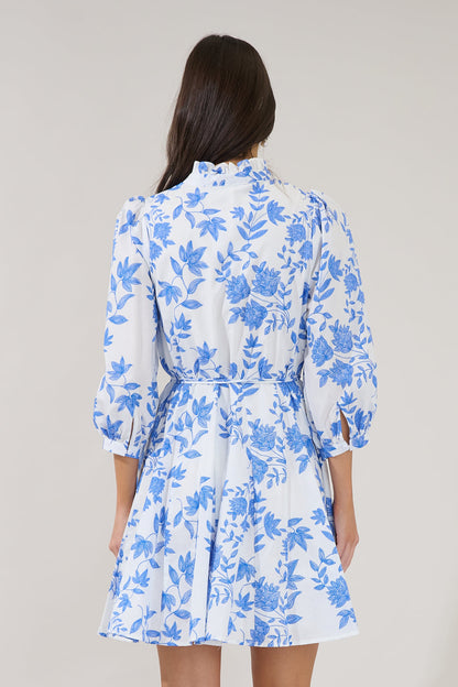 BLU-WHT Nesta Mockneck Godet Dress in Bluebell