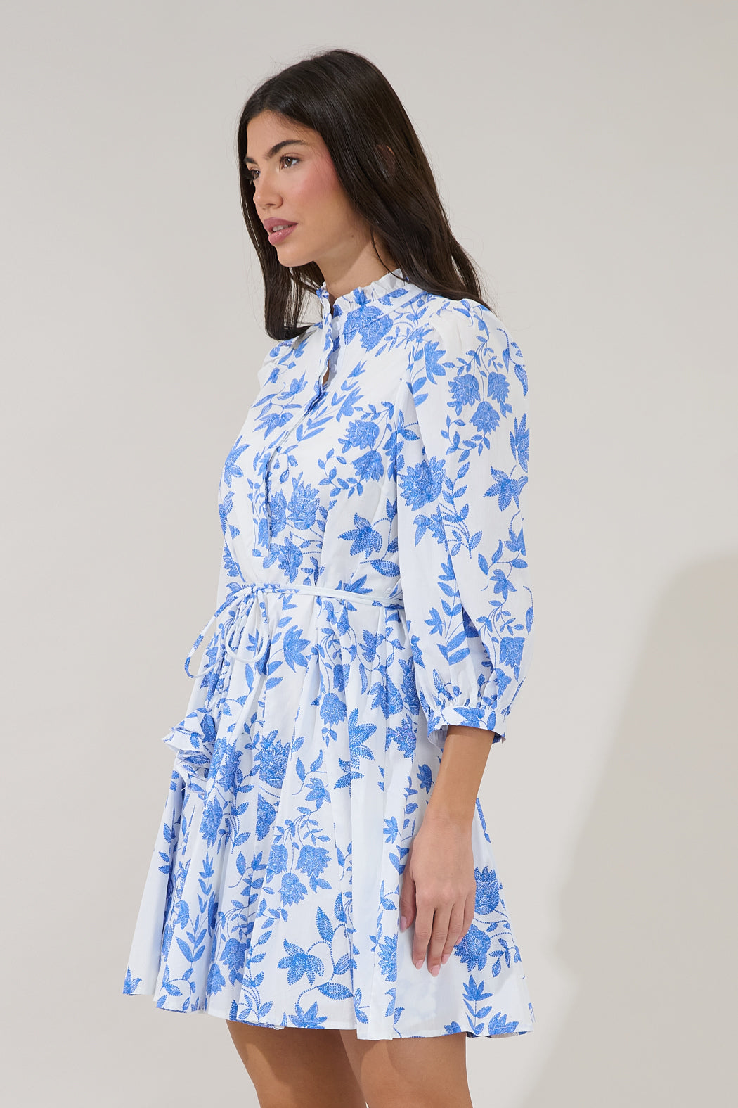 BLU-WHT Nesta Mockneck Godet Dress in Bluebell