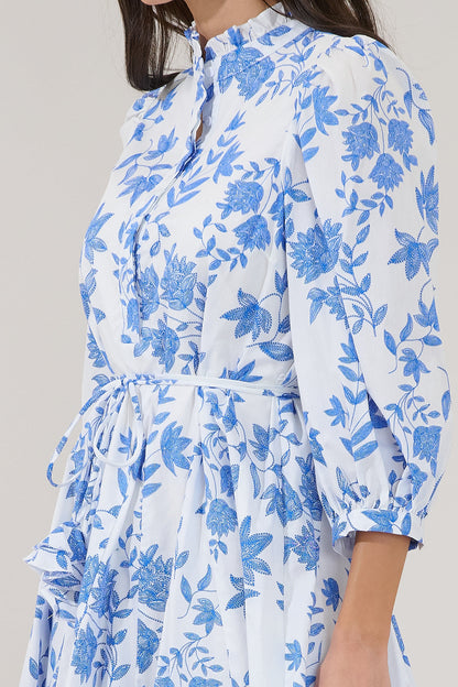 BLU-WHT Nesta Mockneck Godet Dress in Bluebell