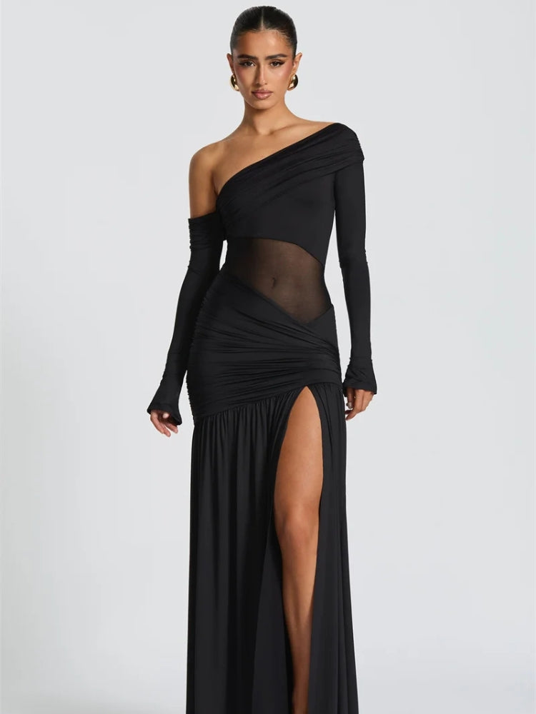 Black One Shoulder High Slit Maxi Dress - Red / S