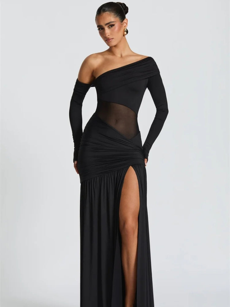 Red One Shoulder High Slit Maxi Dress - Red / S