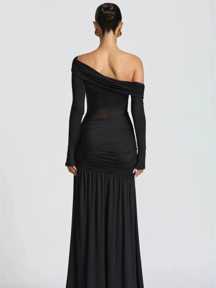 Black One Shoulder High Slit Maxi Dress - Red / S