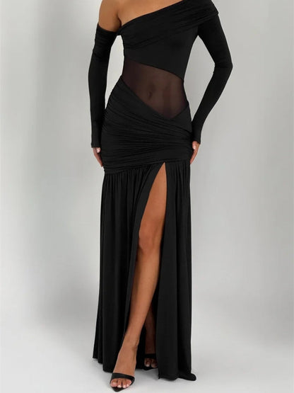Red One Shoulder High Slit Maxi Dress - Red / S