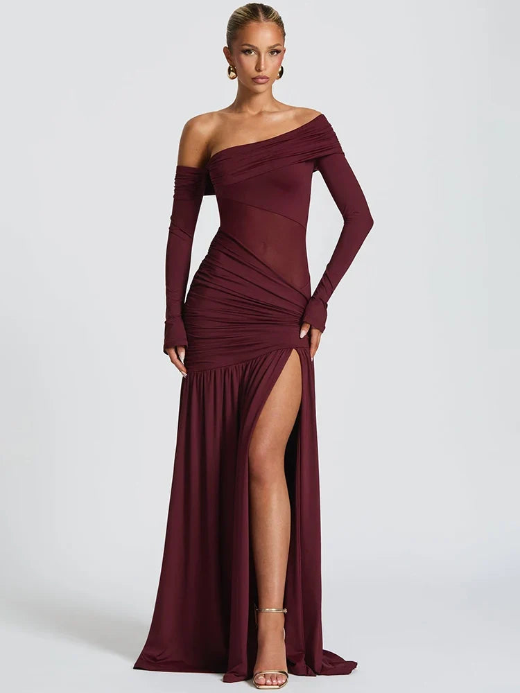 Black One Shoulder High Slit Maxi Dress - Red / S