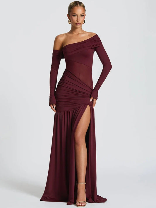 Red One Shoulder High Slit Maxi Dress - Red / S