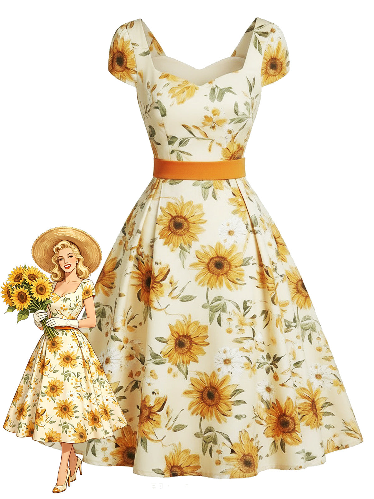 Sale] Orange 1950s Sunflower Sweetheart Neck Dress Margot Mesh Ruffle Maxi Dress