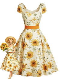 Sale] Orange 1950s Sunflower Sweetheart Neck Dress